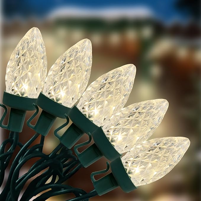 26FT C7 LED Warm White Christmas Lights, C7 Outdoor String Lights with 50 Strawberry Clear Bulbs, Vintage Christmas Lights for Indoor Outdoor Holiday Patio Garden Roofline Wedding Party Decorations