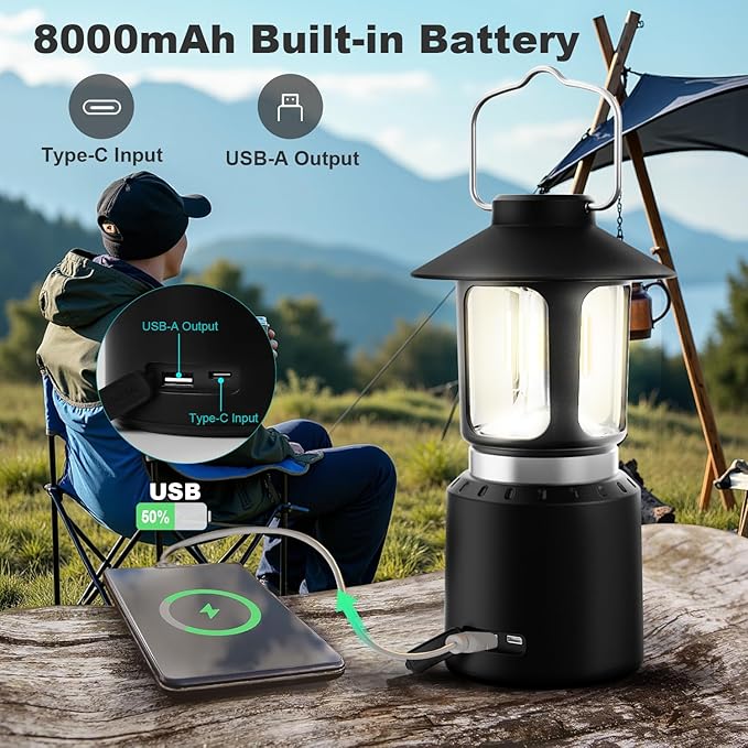 Telescopic LED Camping Lantern, 8000mAh Battery Powered Vintage Camping Lights, 3 Light Modes, Stepless Dimming Tent Lights, Portable Emergency Light for Power Outages, Outdoor Work, Hurricane, Hiking