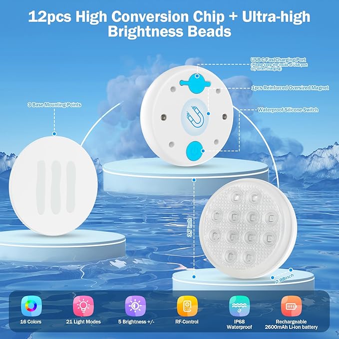 Pool Lights for Inground Pool(2 PACK), Upgraded Ultra-High Brightness Rechargeable Submersible LED Lights with Remote, IP68 Waterproof 22 Color 2600mAh Floating Light with Magnet for Hot Tub 2 PACK
