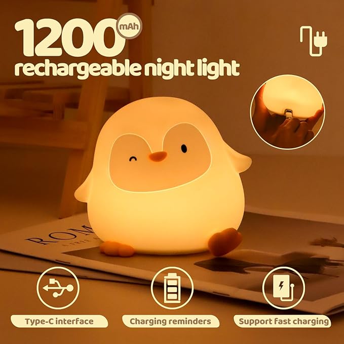 Penguin Silicone Night Light, Tap Control Dimmable Soft Nightlight with 30-Min Timer, 50H/12H Long Battery Life, Portable Bedroom Lamp for Baby Kids Toddler Girls, Gift for Easter