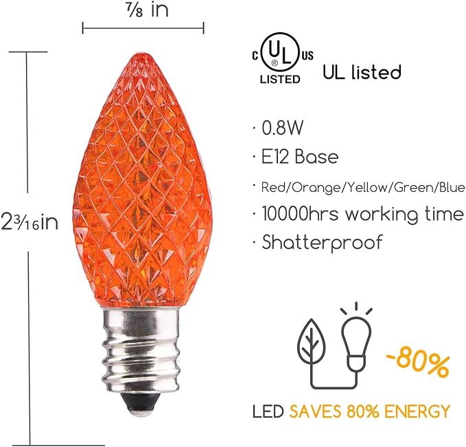Minetom 25 Pack C7 Led Christmas Replacement Light Bulbs, C7 Shatterproof Christmas Led Bulbs for Christmas String Lights, E12 Candelabra Base, Commercial Grade Dimmable Holiday Bulbs, Multicolor