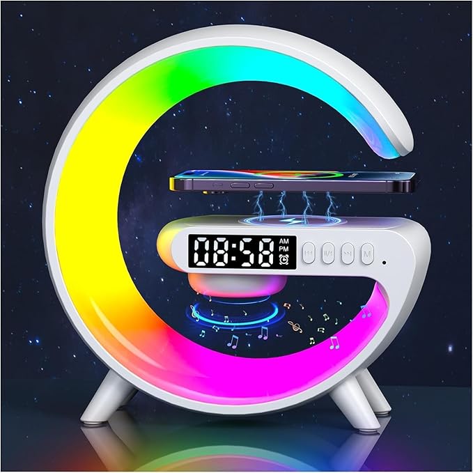 Mini Wireless Speaker Charger, Atmosphere Light with Wireless Charging Function Table Lamp, Bedside Lamp with Alarm Clock & Charging Function, Bedroom Bedside Lamp, Christmas Gifts (White)