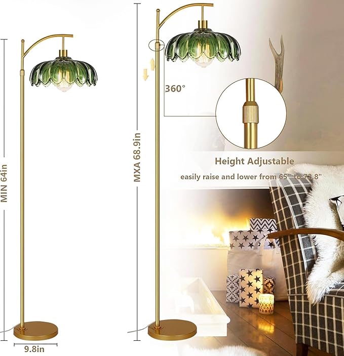Floor Lamp for Living Room,Bedroom,Mid Century Modern Standing Lamp with Remote,Dimmable Gold Tall Lamp Glass Green Vintage Retro Arc Flower Floor Light Boho Bohemian