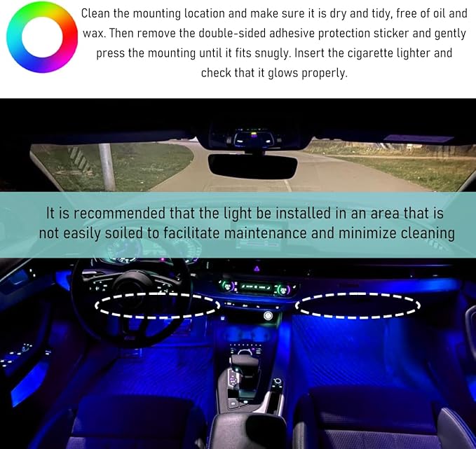 Car LED Strip Light, 24 LED Interior Under Dash Atmosphere Lights with Cigarette Lighter, Vehicle Decor Lamp Ambient Night Light Strip Lighting, Universal Car Accessories (Blue)