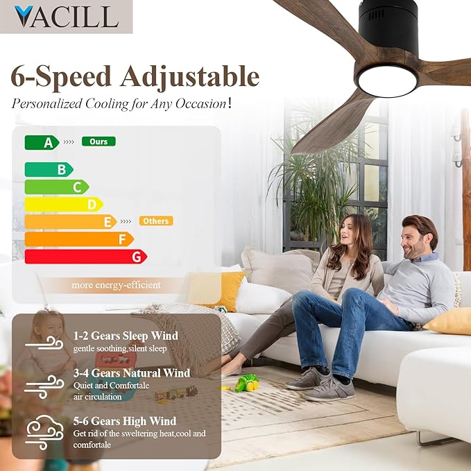 VACILL Wood Flush Mount Ceiling Fan with Light and Remote,52 inch Low Profile Ceiling Fan,Wooden Fan 3 Blades,6 Speed,LED Dimmable,DC Motor(Amber Wood)