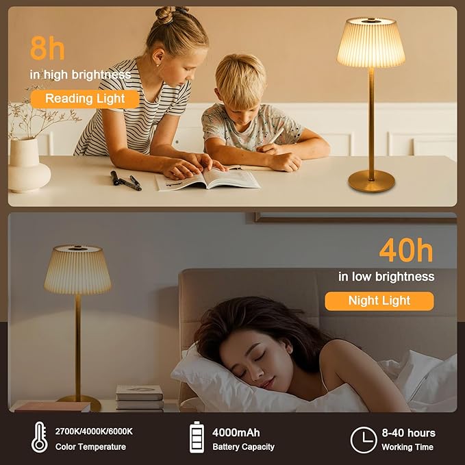 Small Table Lamp Rechargeable, 4000mAh LED Mini Cordless Lamps Gold Fabric Pleated Shade Battery Operated Lamp with 3 Colors Stepless Dimming Touch Lamps for /Bedroom/Bars/Outdoor Party/Camping,1 Pack