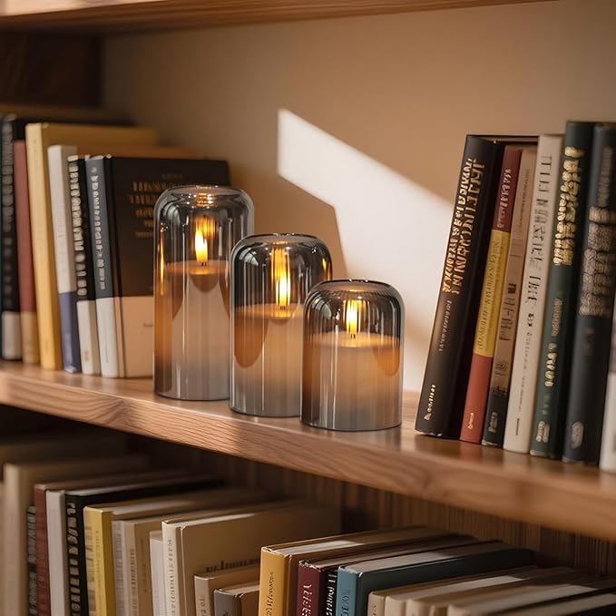 DRomance Glass Flameless Candles with Remote and Timer Battery Operated 3 Pack Real Wax Striped Gray LED Flickering Pillar Candles Dinner Wedding Halloween Christmas Holiday Decor(3" D x 4",5",6" H)