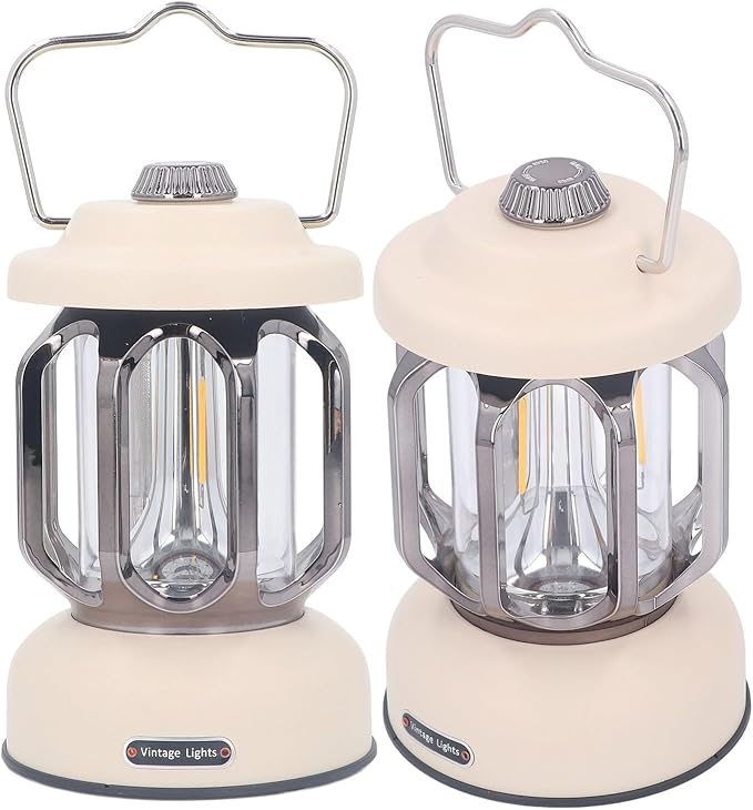 Retro Camping Lantern, Rechargeable LED Tent Lamp with 3 Light Modes, Dimmable Vintage Camping Light with Hook, USB Type C Portable Lantern for Garden Outdoor (Beige)