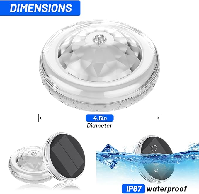 Pool Lights,Solar Rechargeable Floating,Pool Lights That Float with Remote Control, Modes 9 Lighting Timing Mode IP67 Waterproof for Inground Pool, Bathroom, Bathtub, Pool Party