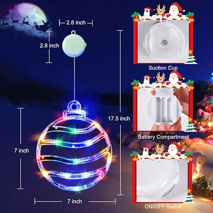 LOLStar Christmas Window Lights, 3 Pack Multicolor Christmas Ball, Holly Berry, Candy Cane LED with Suction Cups, Timer & Slow Fade, Battery Operated(Excluded) Christmas Decorations Light Up for Home