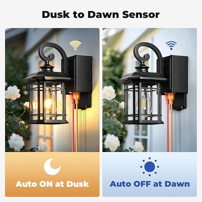 Black Dusk to Dawn Porch Light with GFCI Outlet, Anti-Rust Exterior Lights for House, Waterproof Outdoor Light Fixture with Outlet, Front Porch Light for Doorway, Yard, Patio, 100% Aluminum