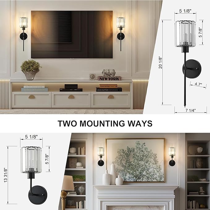 Hardwired Crystal Wall Sconces Set of Two - Dimmable Wall Light Fixtures 3000K, Warm White, for Hallway, Bathroom, Living Room, Bedroom, Black, 20.1 Inch