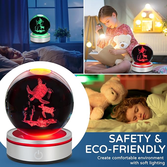 3D Sea Turtle Crystal Ball Night Light with LED Colorful Lighting Touch Base 3.15 in Sea Turtle Glass Sphere Lamp for Birthday Christmas, Cool Turtle Figurine Home Decor Gift for Women Men Kids
