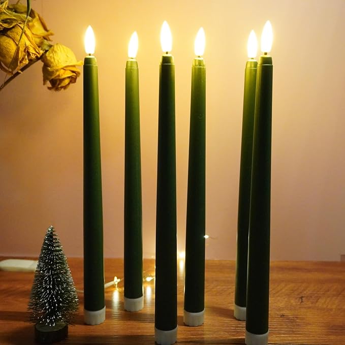 Green Flameless Taper Candles with Remote Timer, Flickering Battery LED Candlesticks Spring Home Decor Set of 6