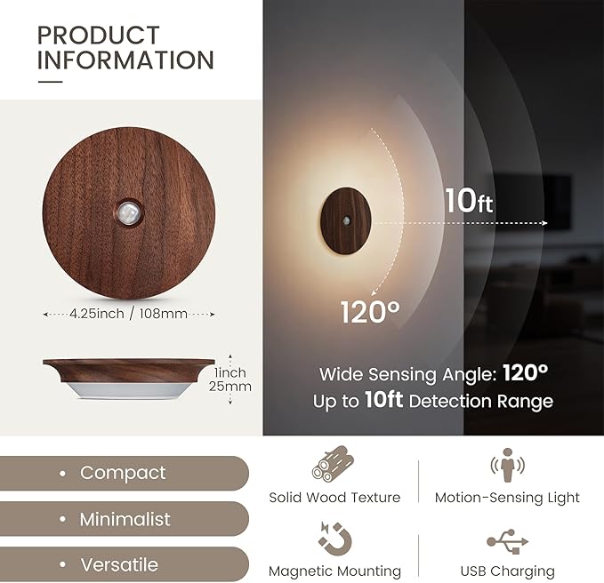 Motion Sensor Night Light Wood Rechargeable Battery-Powered Stick-On Step Lights Magnetic Closet Warm Nightlight for Hallway Bedroom Stair (2 Pack Black Walnut)