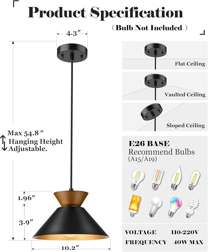 ELYONA 3 Pack Modern Pendant Lights Kitchen Island, Solid Wood Hanging Lamp with Matte Black Metal Shade & Gold Inner Finish, Farmhouse Pendant Light Fixtures for Dining Room, Bedroom, Living Room