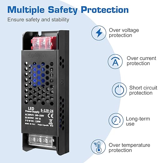 LED Driver 24V 120W 5A Slim LED Power Supply, AC 100-250V to 24V DC Adapter, Constant Voltage LED Transformer for Strip Lights, Bulbs, Garden and Cabinet Lights