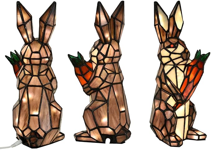 Bieye L10947 Bunny Holds Carrot Tiffany Style Stained Glass Accent Table Lamp for Easter Decor (Purple)