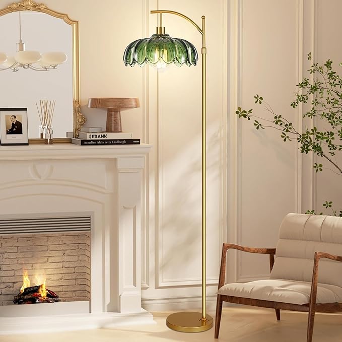 Floor Lamp for Living Room,Bedroom,Mid Century Modern Standing Lamp with Remote,Dimmable Gold Tall Lamp Glass Green Vintage Retro Arc Flower Floor Light Boho Bohemian