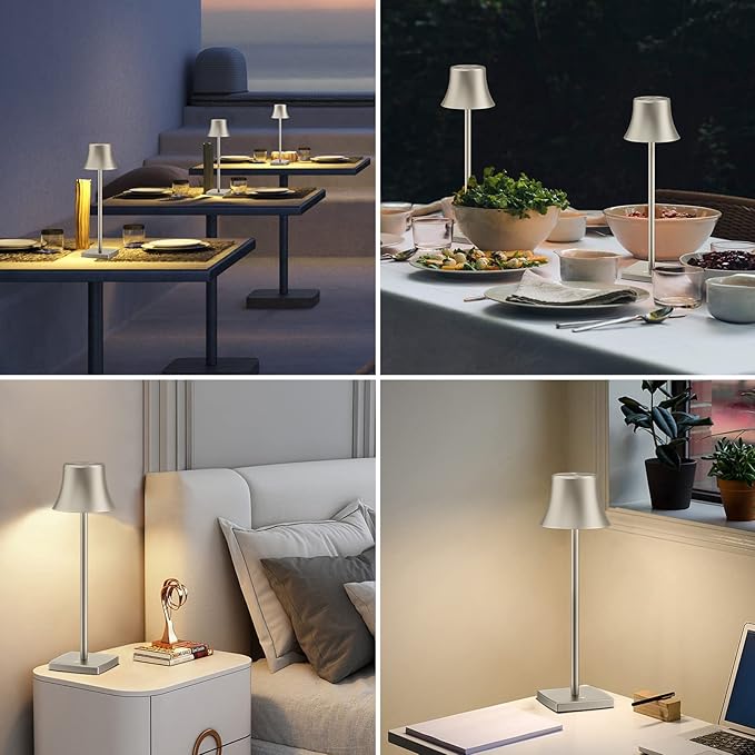 2 Pack LED Cordless Table Lamps Rechargeable,5000mAh Battery Operated Table Light,3 Color Stepless Dimming,Portable Small Desk Lamp in Aluminum for Party Patio Restaurant Indoor/Outdoor(Silver)