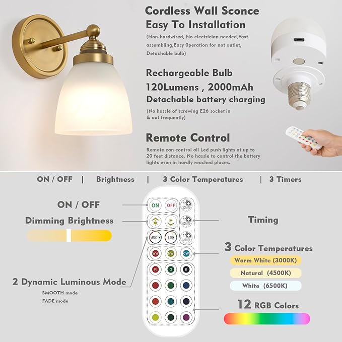 HEQIQEH Vintage Rechargeable Battery Operated Sconce with Alabaster Glass Shade, Cordless Dimmable Remote Control Wall Lighting Bell Shaped Wall Mounted Lamp for Indoor Bedroom Vanity Bathroom