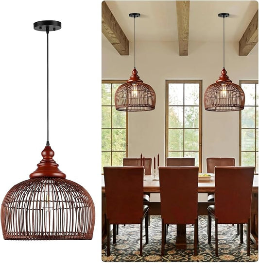 Rattan Pendant Light Kitchen Island, 15.8" Boho Dining Room Light Fixture Hand-Woven Wicker Chandelier Farmhouse Weaving Lighting Coastal Ceiling Hanging Lights for Living Room Restaurant