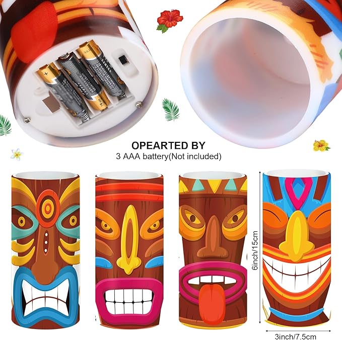 Tiamon Tribal Tiki Flameless Candles Led Hawaiian Battery Operated Luau Flickering Candles with 18-Key Remote Timer Pillar for Summer Holiday Tiki Bar Party Table Decorations