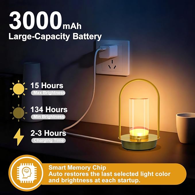 Cordless Table Lamp - Portable Lumisom Crystal Lantern with Touch & 3 Color Dimmable, Rechargeable Small Battery Powered Desk Lamp, Kiyagi Crystal Lantern for Bedroom Bedside Patio Camping Bar (Gold)