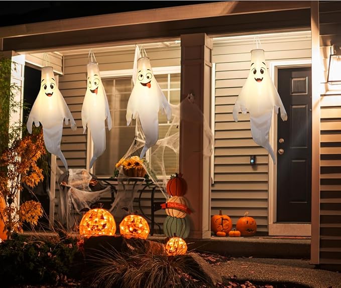 Halloween Ghost Decorations Outdoor: with Timer, 4 Pcs Cute Hanging Ghost for Tree Porch Garden Yard, Waterproof LED Ghost Halloween Decor