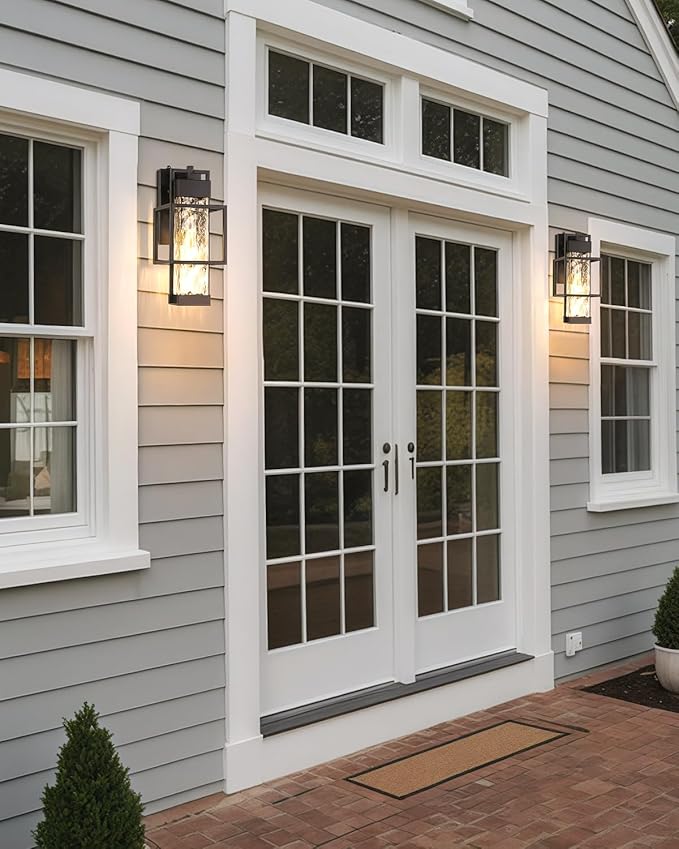 SHIMR Outdoor Wall Lights Dusk to Dawn Light Fixture with Water Glass, Modern Outdoor Sconce Lights 15" H Porch Lights with Black Finish, Waterproof Exterior Wall Light, Bulb Included
