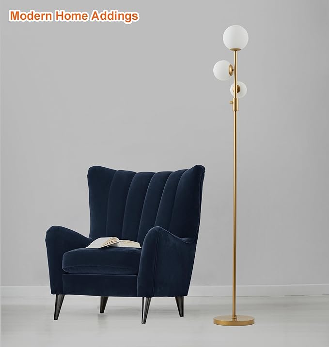 Fiqevs Dimmable 3 Globe Floor Lamp - Mid Century Modern Gold Standing Lamp with Frosted Glass Shade & LED Bulbs for Living Room, Bedroom, Office
