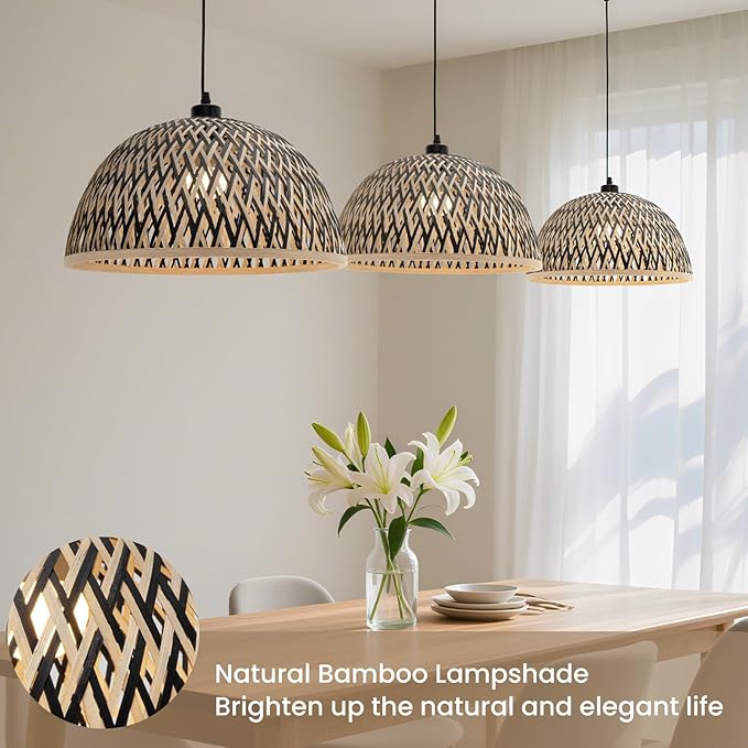 Bamboo Pendant Light Fixture, 16 inch One-Light Adjustable Boho Handmade Woven Pendant Lighting for Kitchen Island Dining Room Living Room (Large)