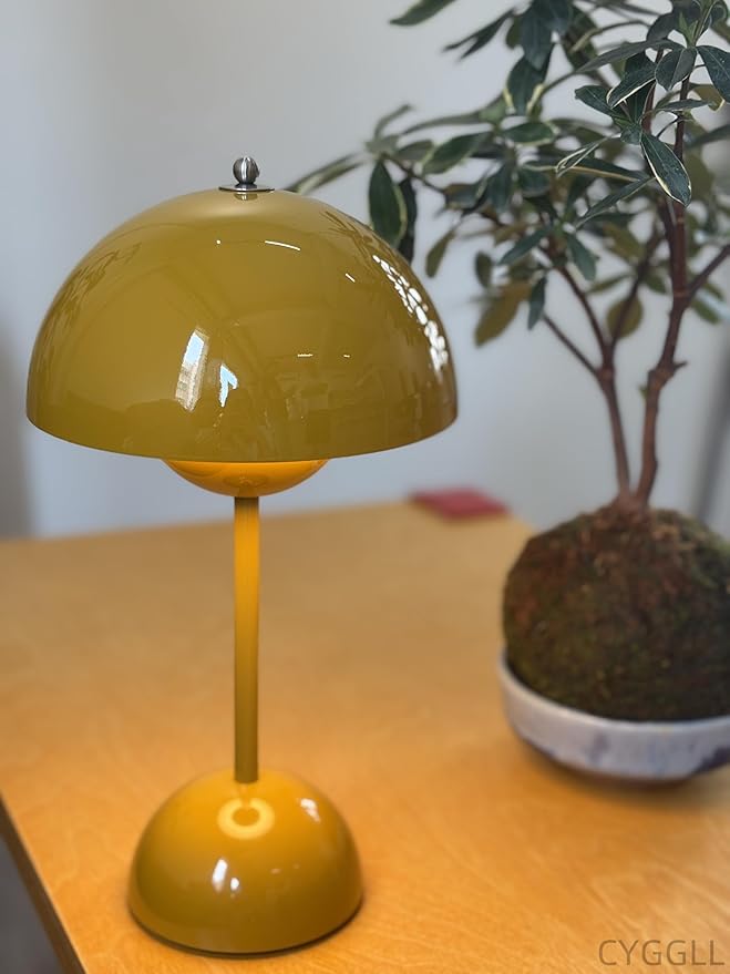 Modern Flower Bud Lamp 12" Cordless Touch Lamp Dimmable 2600mAh Rechargeable Desk Lamp Nordic Mushroom Lamp Nightstand Bedside Lamp for Bedroom Living Room(Mustard Yellow) No Reading Light