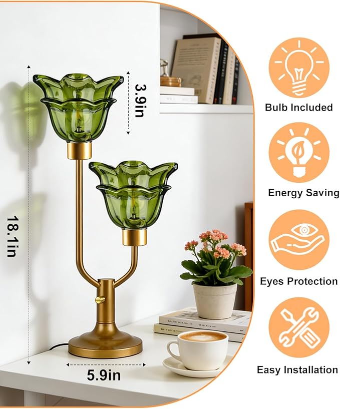 Lightdot Mid Century Modern Flower Table Lamp Gold Dimmable U-Shaped Green Glass Desk Lamps with 2Pcs 3000K Warmwhite Bulbs Included Bedside Nightstand Lamp for Living Room Bedroom