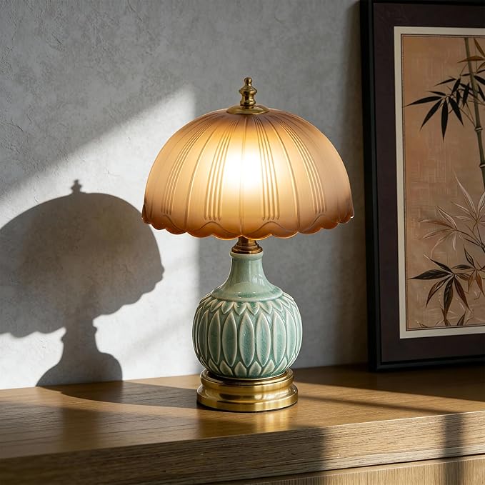 Mid-Century Modern Table Lamp, Green Bamboo Ceramic Base with Scalloped Gradient Glass Shade, 3-Color Dimmable LED Bedside Lamp for Bedroom & Living Room, Aesthetic Home Decor, Bulb Included