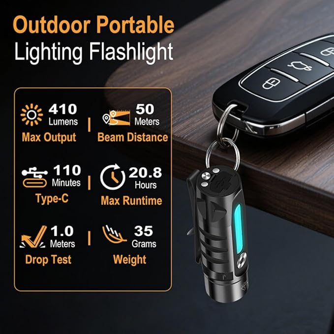 BORUIT RJ28 Mini EDC Keychain Flashlight,Rechargeable 410 Lumens LED Keyring Light with Clip,Magnetic Tail,21 Modes,USB-C Charging,IP66 Waterproof Flash Light for Everyday Carry & Emergency