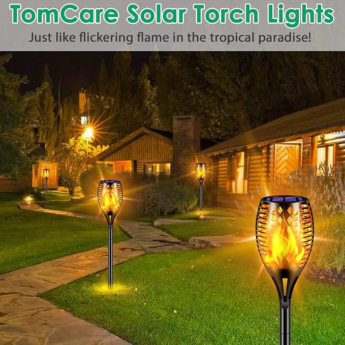 TomCare Solar Lights, 43" Waterproof Flickering Flames 96 LED Torches Outdoor Landscape Decoration Lighting Auto On/Off Pathway Lights for Garden Patio Yard, Black(4)