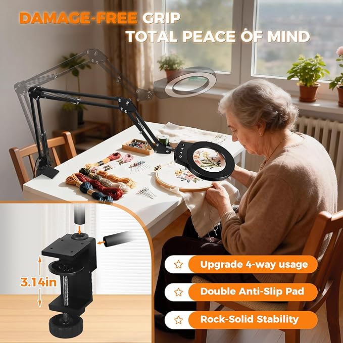 NOEVSBIG Magnifying Glass with Light 10X Desktop Lamp Close Work Up for Desk Crafting, Reading, Sewing, Panting, Soldering, Ultra 3-Section Swing Arm Design for Large Workbench, Hands Free Magnifier