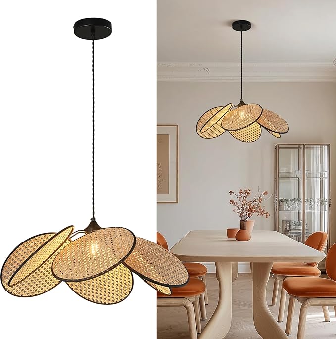 Boho Chandelier, Hemp Rope Pendant Light Hand-Woven Rattan Hanging Lamp Wicker Pendant Lighting Fixture for Dining Living Room Island Kitchen Bedroom
