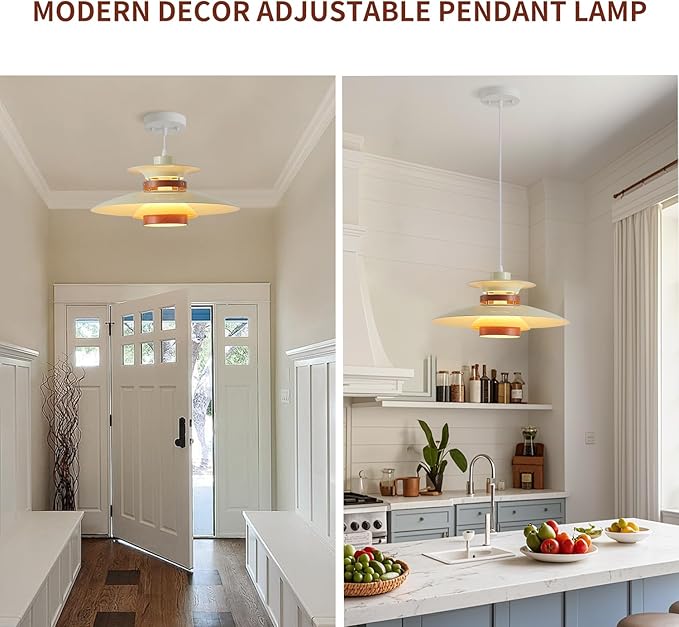 Modern Decor Adjustable Pendant Lamp Kitchen Island, Aluminum and Wood Finish,1-Light E26 Base Ceiling Hanging Light for Dining Room Shop Restaurant (Beige+Dark Wood Grain, 40cm)