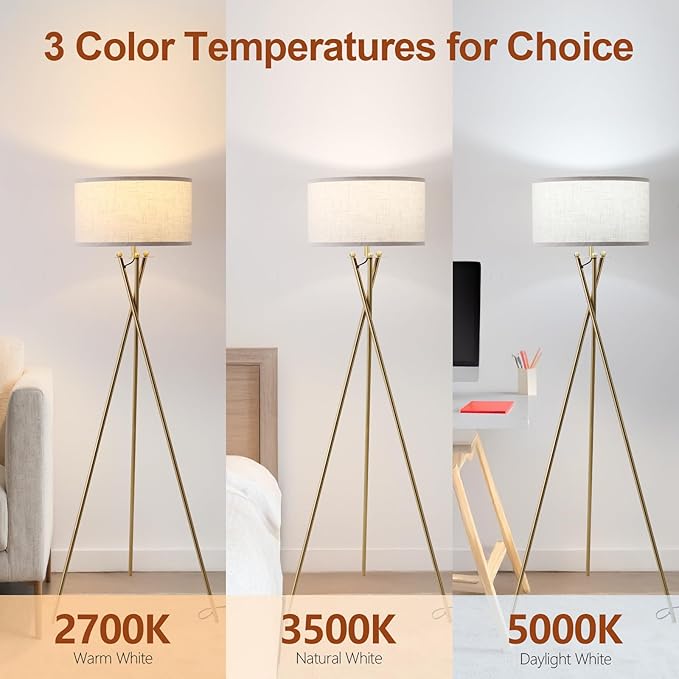 Modern Tripod Floor Lamp, Mid Century Reading Standing Lamp with 3 Color Temperatures and Foot Switch, Modern Night Light for Living Room, Bedroom, Office Décor, Gold