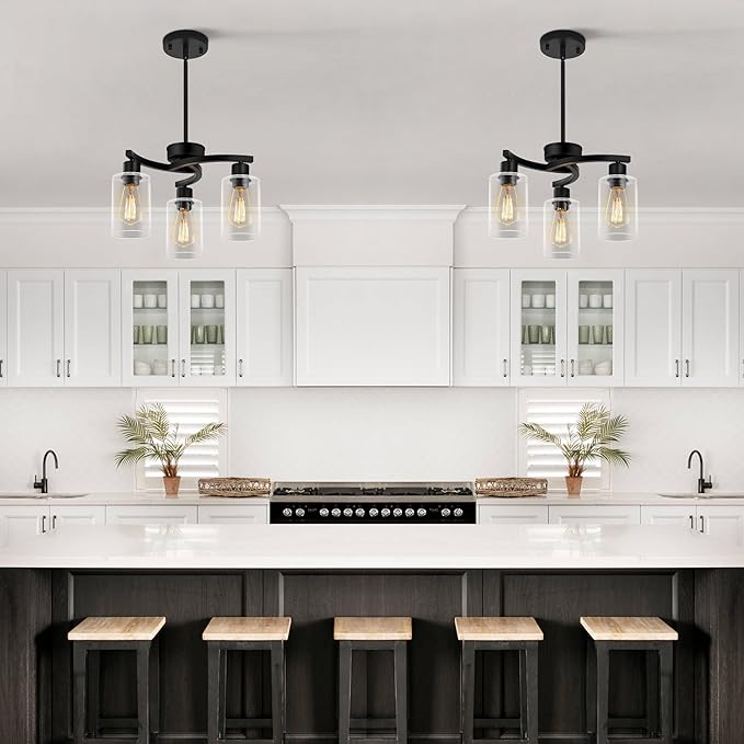 3-Light Modern Farmhouse Chandelier for Dining Room Light Fixtures，16.5" Black Kitchen Island Pendant Lighting, Adjustable Hanging Light for Dining Room with Clear Glass Shades