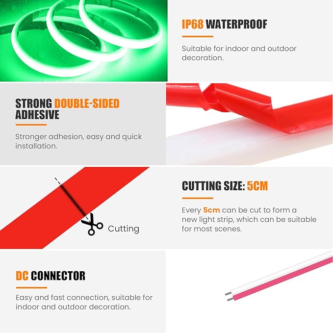 24V COB Neon Strip, 320LEDs/m Ultra-Bright Flexible COB Neon LED Strip, Outdoor Waterproof IP68 Self-Adhesive Tape, Red/White 2-Wire LED Fairy Lights for Patio, Christmas（Green,7M）