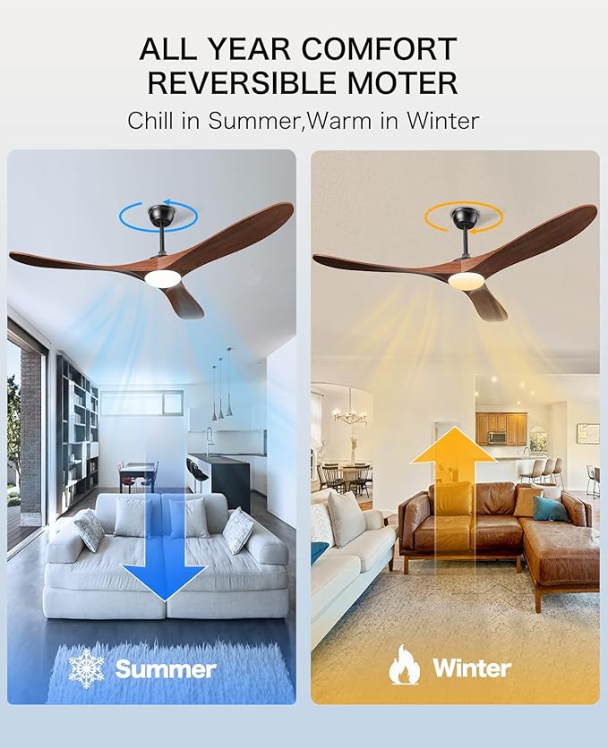 Ceiling Fans with Lights and Remote, 3 Solid Wood Blades, Outdoor Wooden Ceiling Fan with 2 Downrods for Patios, 60 Inch Modern Ceiling Fan with Noiseless Reversible DC Motor (Dark Walnut)