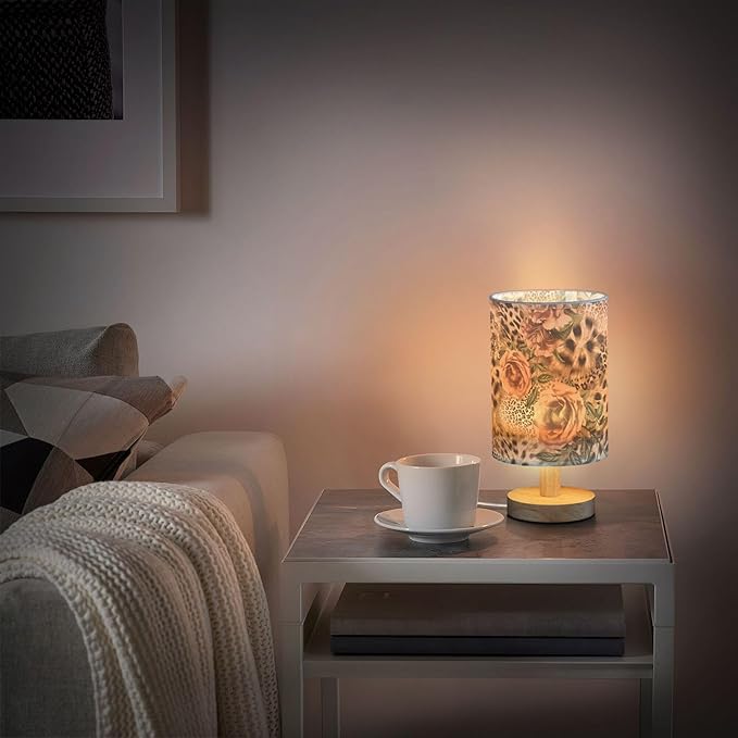 Leopard Print with Pink Floral Rose Flower Table Lamp with Wood Base Fabric Lamp Shade Bedside Nightstand Desk Lamp for Living Room Bedroom Kids Room Office