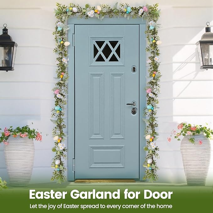 6FT Prelit Easter Garland with LED Lights & Timer, Battery Operated Easter Decorations with Daisies & Pastel Eggs, Artificial Lambs Ear Greenery for Mantle & Fireplace – Farmhouse Easter Egg Garland