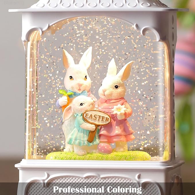Easter Snow Globe Bunny Snow Globe Lantern with Timer, USB and Battery Powered Easter Decorations for Home Bunny Family 10.2 inch