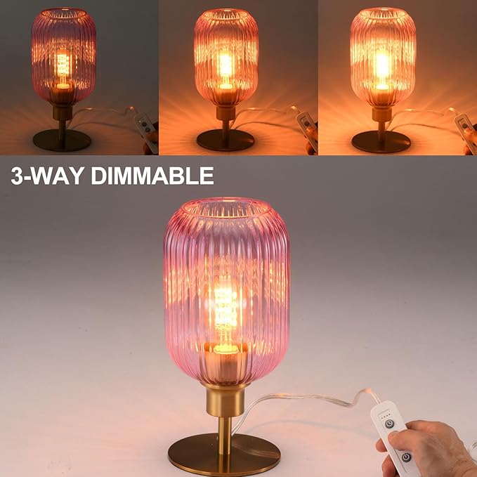 Mid Century Glass Table Lamp,Dimmable Desk Lamp,LED Bulb Included,Timer Build-in,Pink Ribbed Glass