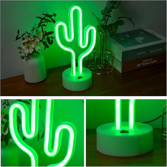 Green Cactus Neon Lights with Holder Base, Cactus Neon Signs for Bedroom, Tabletop, Bar, Birthday, Christmas Decor, Luau Summer, Mexican Party, Battery/USB Powered LED Night Light Children Gift