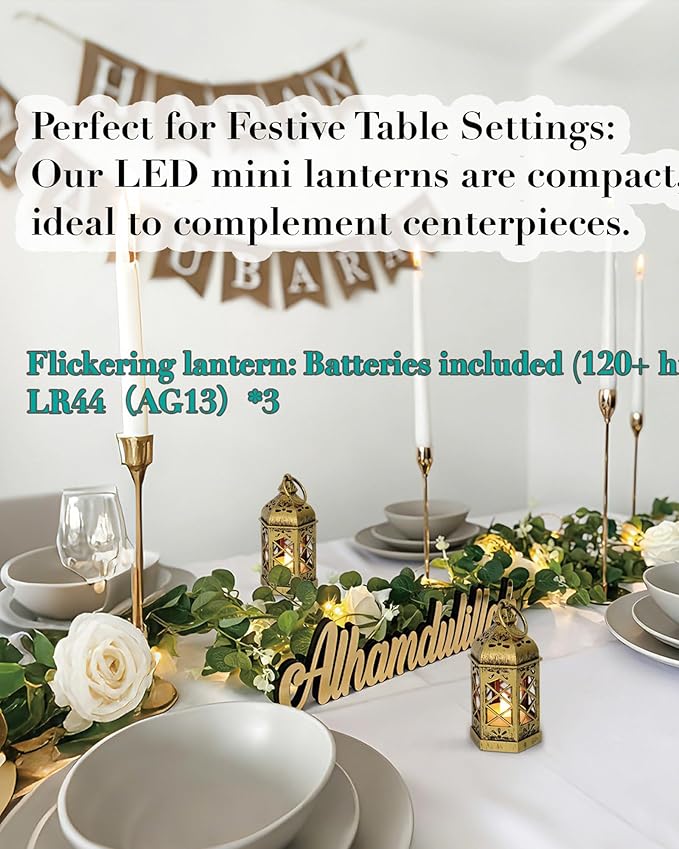 8-Pack Mini Lanterns with Flickering LED Candles for Ramadan, Small Decorative Hanging Lanterns for Halloween, Christmas, Wedding, Gold Lantern for Table Centerpiece, Garden Party Decor